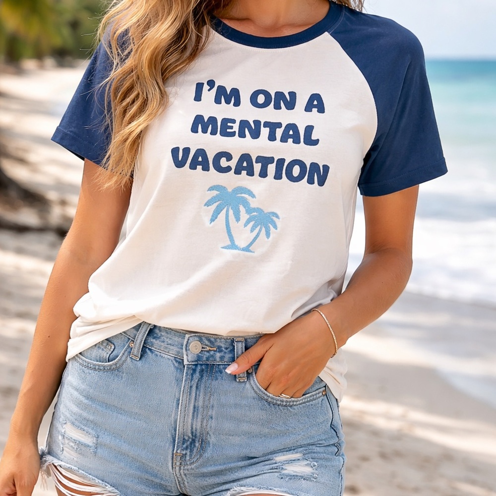 Retro Ringer Graphic Tee Small I’m On A Mental Vacation Blue White Embroidery
